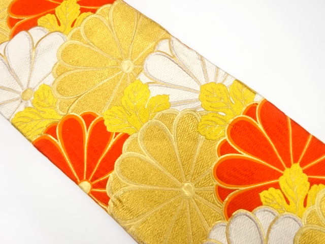 JAPANESE KIMONO / ANTIQUE FUKURO OBI / SILK / WOVEN KIKU SEIGAIHA